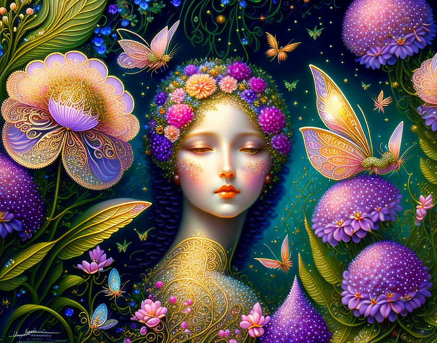 Vibrant digital artwork: Woman with floral elements and butterflies