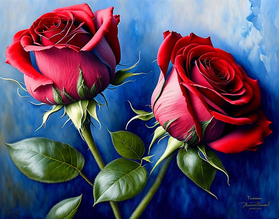 Vibrant red roses on blue background, one fully bloomed.