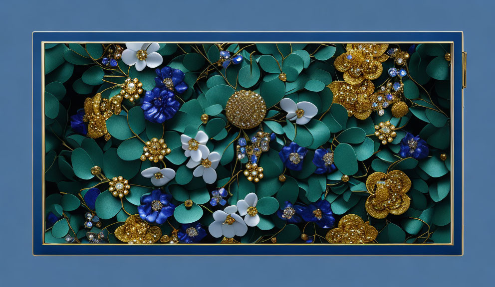 Artistic Jewel-Toned Flower Arrangement on Blue Background