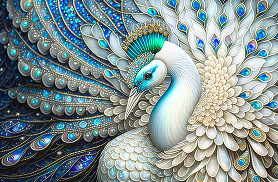 Detailed illustration of a peacock with lavish blue, green, and white tail adorned with jewels