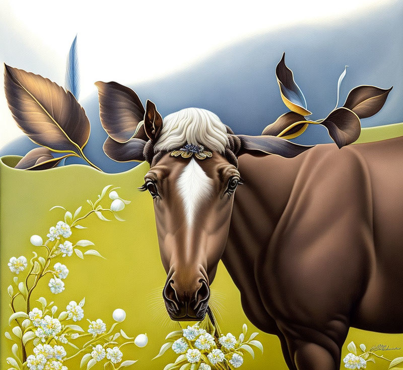 Detailed Brown Horse Illustration with Bridle Among White Flowers