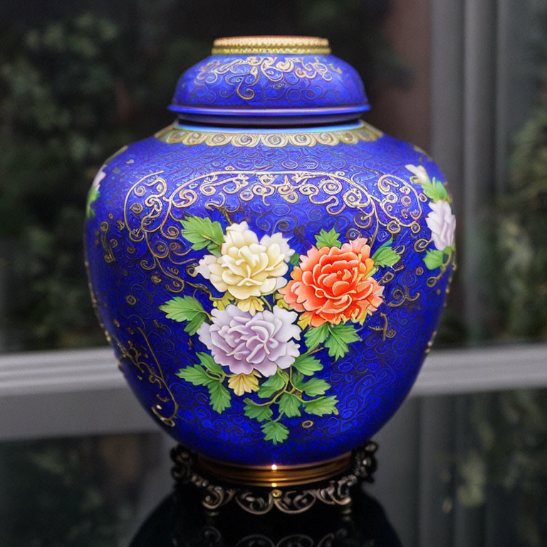 Blue vase with gold patterns and floral designs on green background