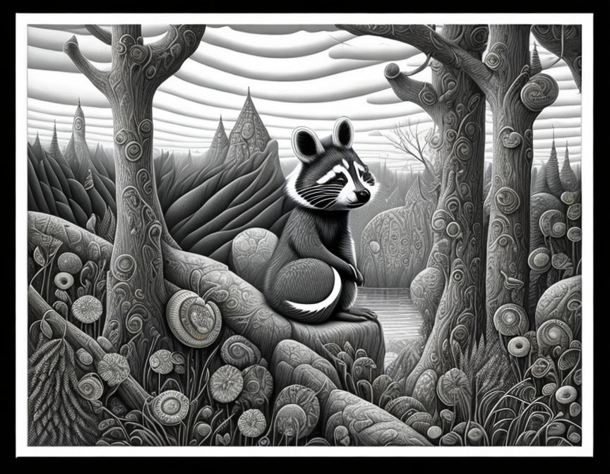 Monochrome raccoon in detailed forest setting