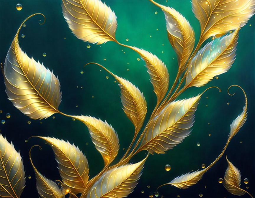 Golden Feathers with Bubbles on Teal Background