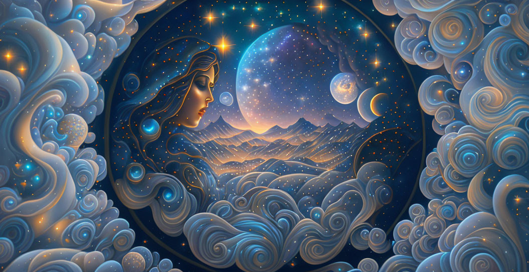 Fantasy Artwork: Woman's Profile with Moon and Mountain Landscape