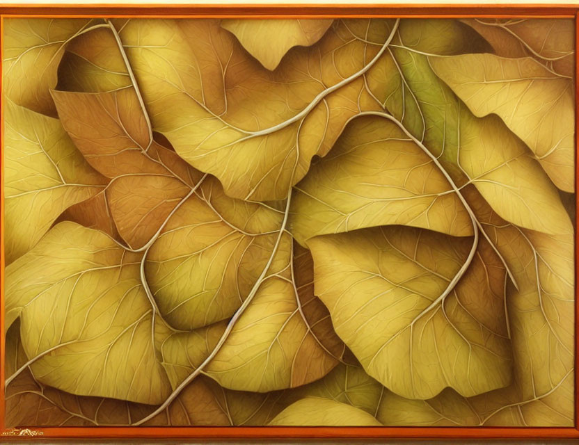 Detailed Realistic Painting of Layered Autumn Leaves in Yellow and Brown in Simple Frame