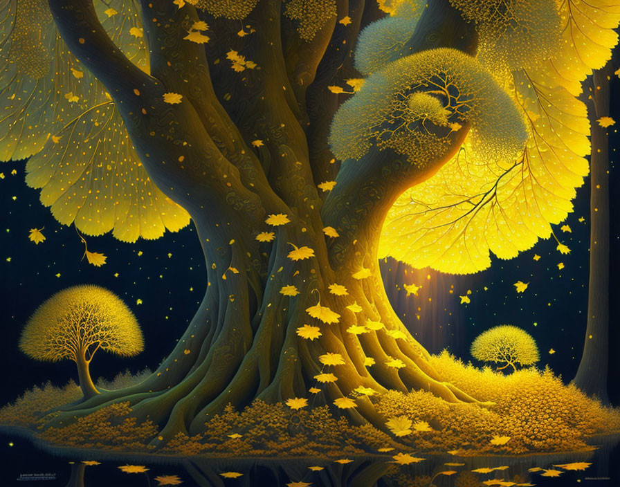 Illustrated magical forest with glowing trees under starry sky