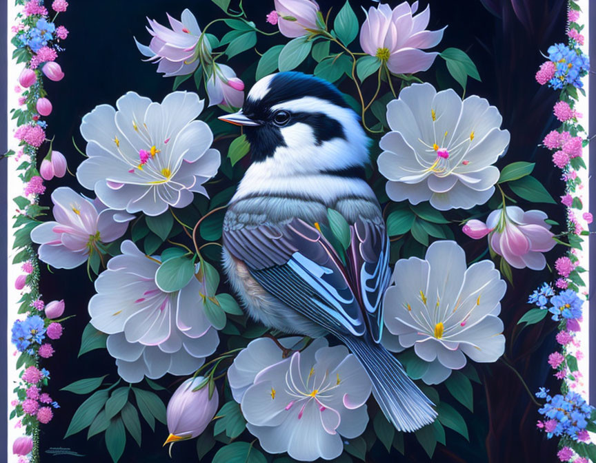 Vibrant bird painting among pink flowers on dark background