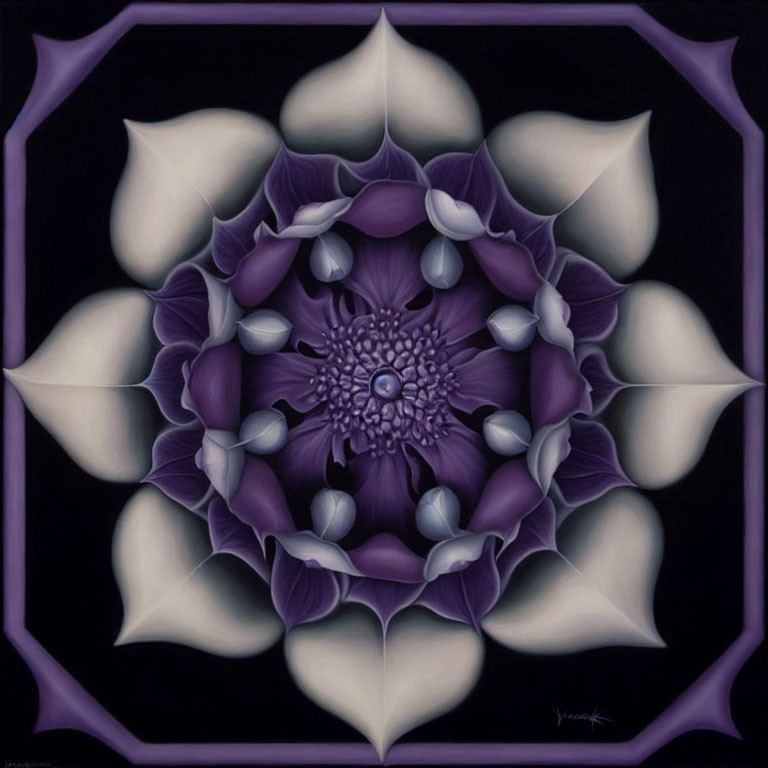 Symmetrical digital painting of stylized purple flower on dark background