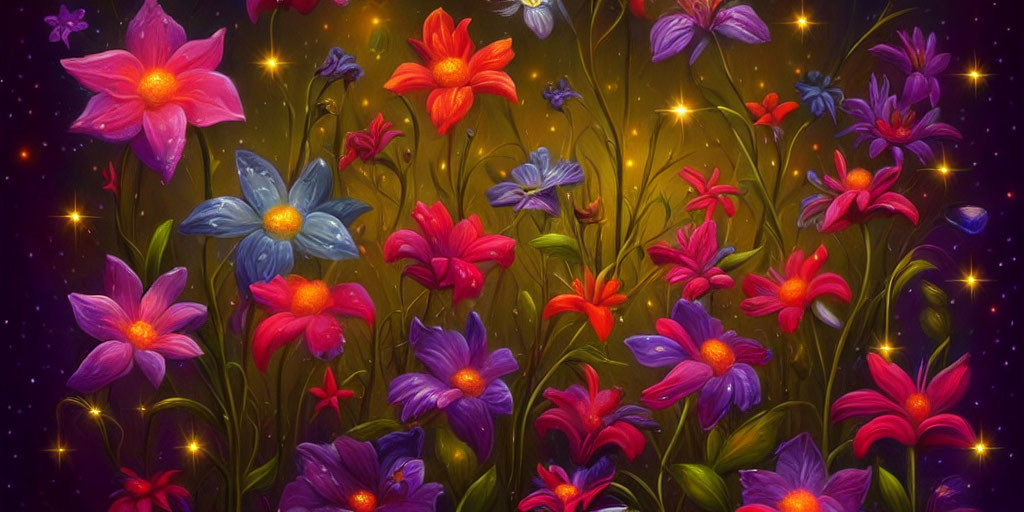 Colorful stylized flowers on dark, starry backdrop: a vibrant digital artwork