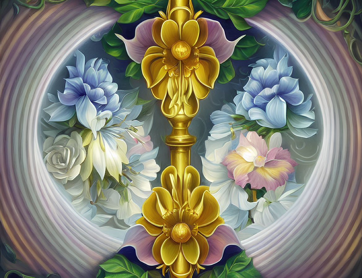 Symmetrical floral illustration with gold elements and colorful flowers