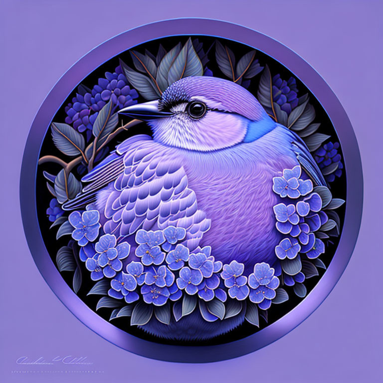 Detailed blue bird surrounded by floral patterns in circular frame