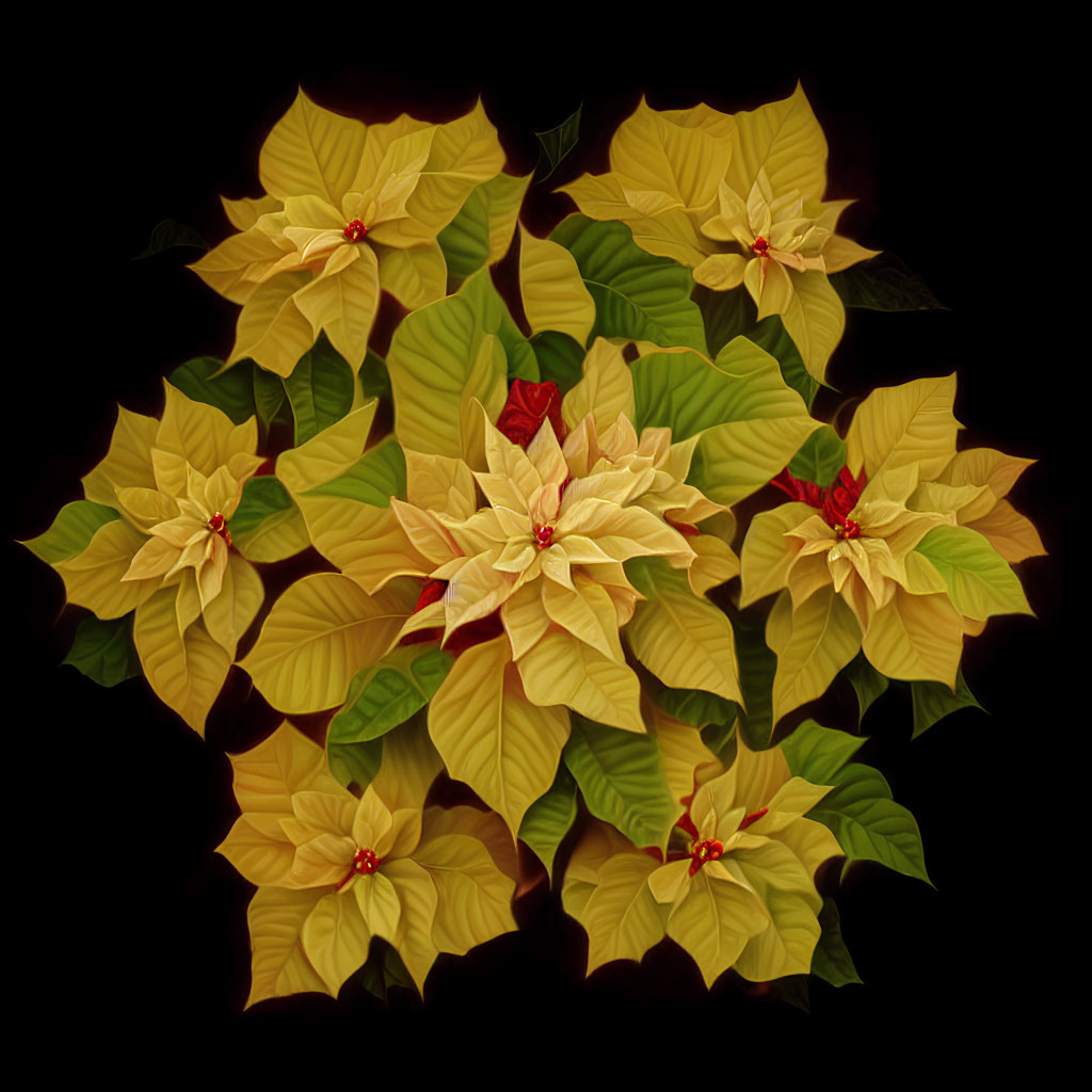 Bright Yellow Poinsettias with Red Centers on Dark Background