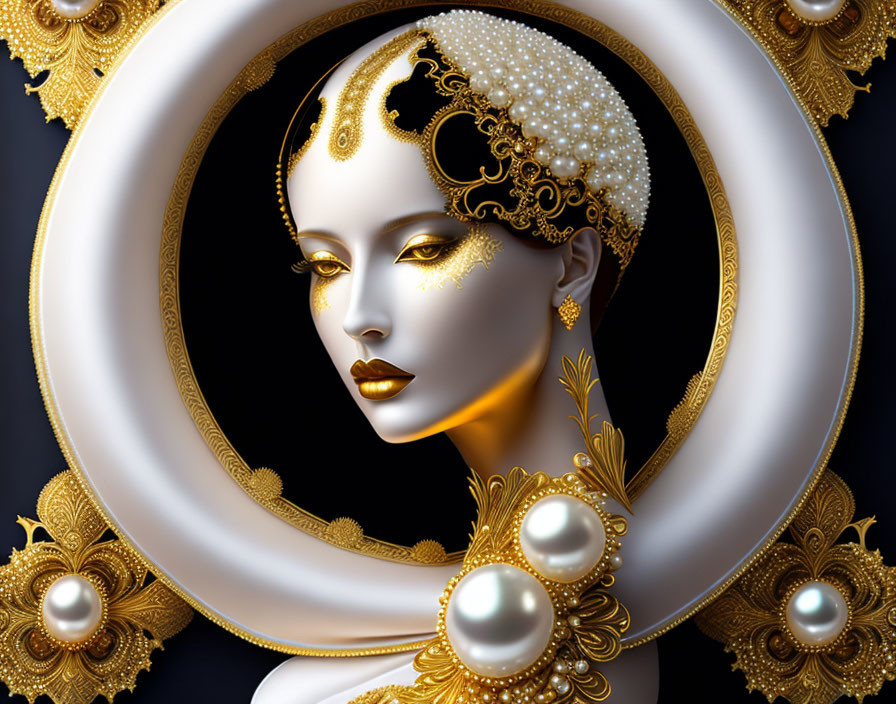 Woman adorned with gold and pearls in baroque circular frame