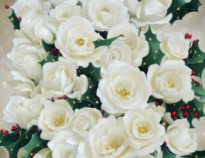 White roses bouquet with gold details, red berries, and glittery backdrop