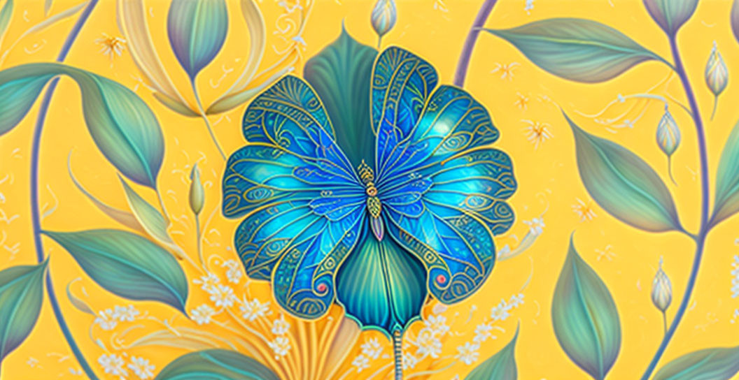 Colorful digital artwork: Blue butterfly with intricate patterns in whimsical garden.