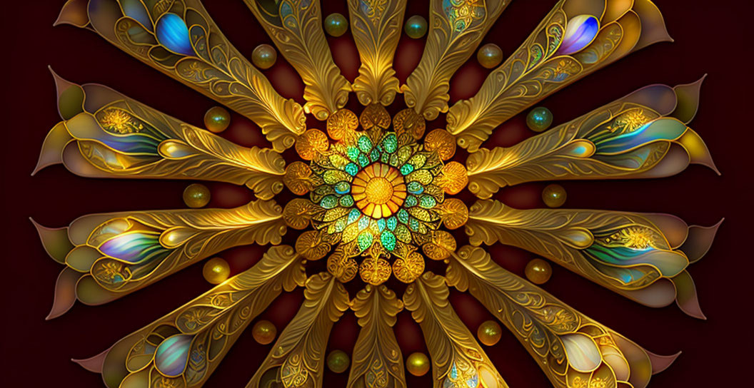 Symmetrical mandala fractal art with golden petals and turquoise accents