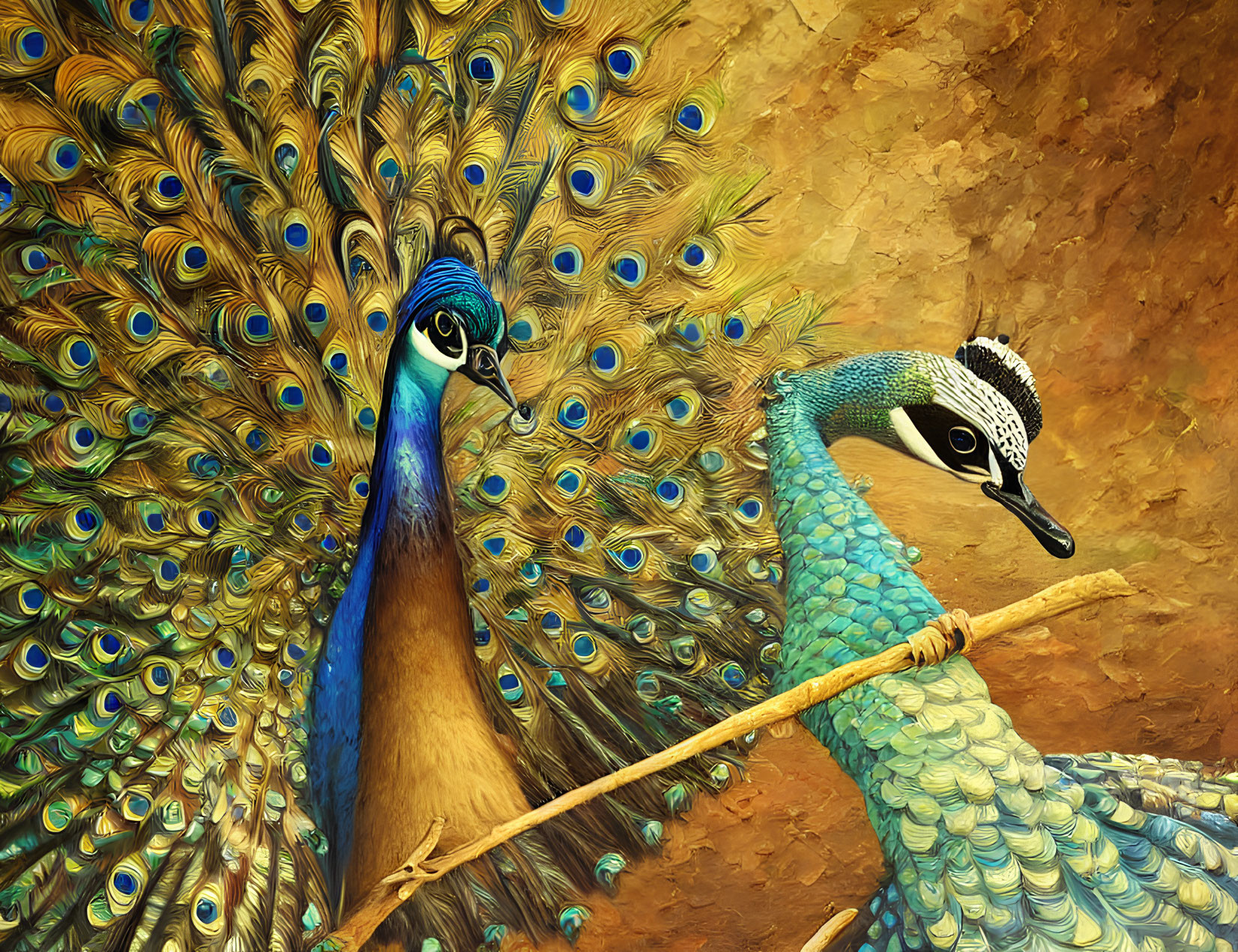 Stylized peacocks with full plumage and perched on a branch on textured golden background