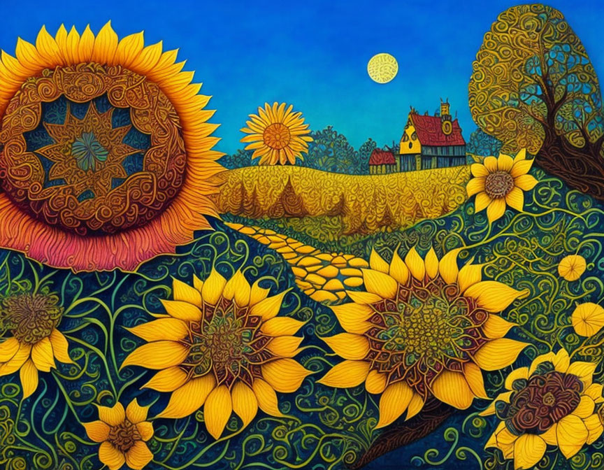 Colorful painting of sunflowers, whimsical house, trees, night sky, stars, full moon