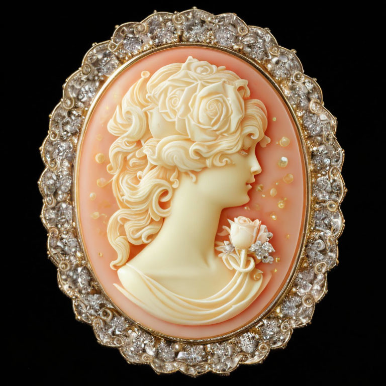 Oval Cameo Brooch with Woman Profile and Roses in Hair