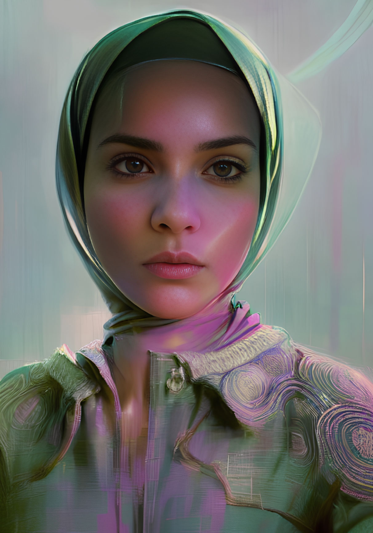 Woman's portrait with headscarf and glitch art effect in vibrant colors