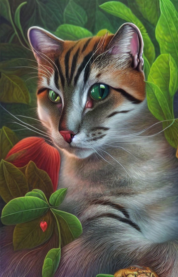 Realistic digital illustration of a cat with green eyes in lush green foliage.