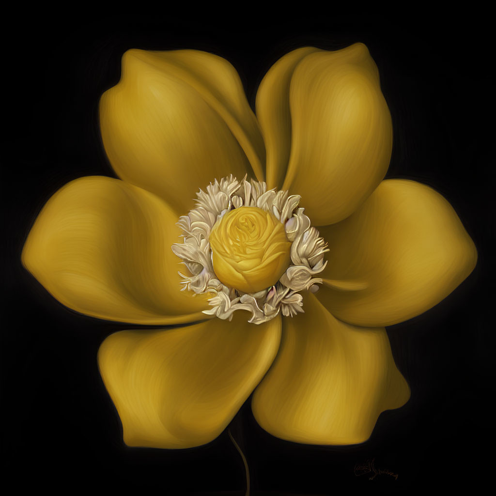 Stylized yellow flower with dense center on black background