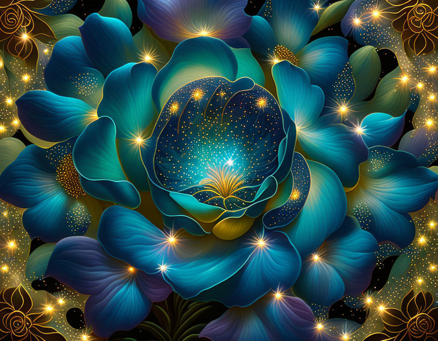 Colorful digital artwork of glowing blue fantasy flower on dark background