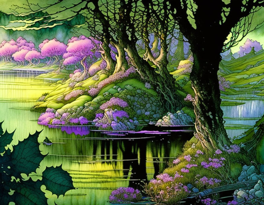 Enchanted forest illustration with purple foliage, serene pond, and intricate trees