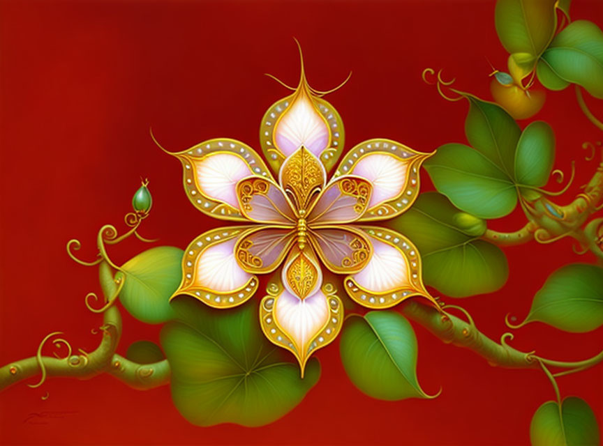 Colorful digital artwork: stylized golden flower on red background