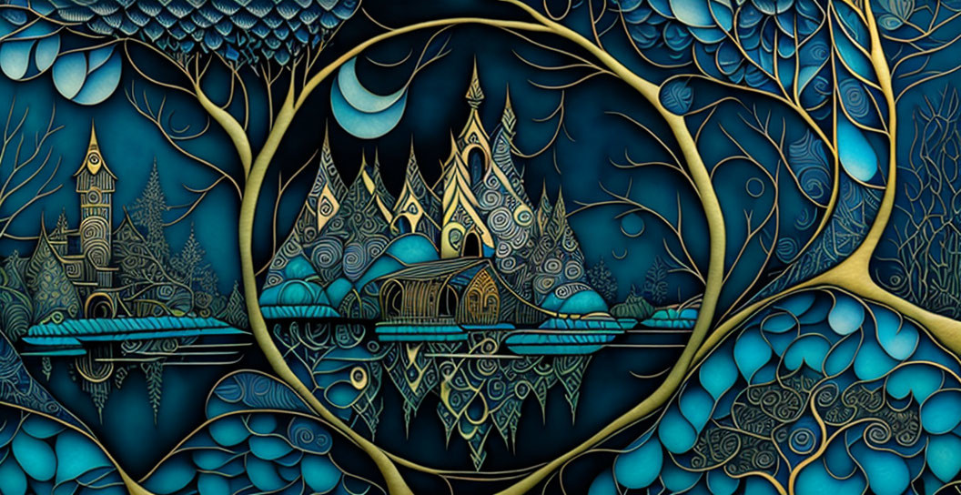 Intricate blue and gold fantasy landscape with castle, trees, and bridge