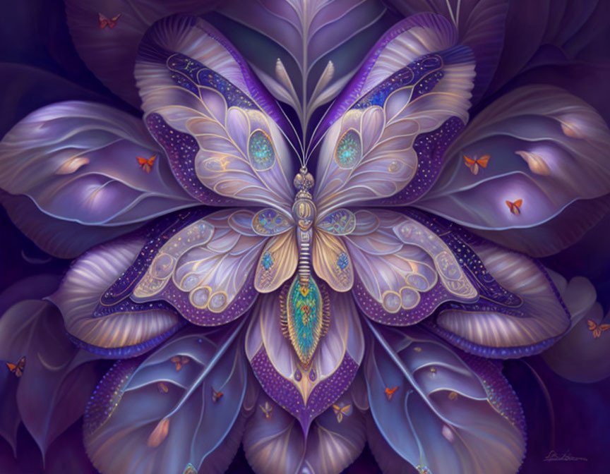 Symmetrical Butterfly-Shaped Digital Artwork in Purple, Blue, and Orange