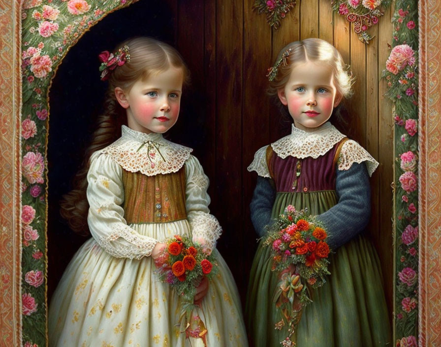 Young girls in floral dresses with bouquets against wood-paneled background