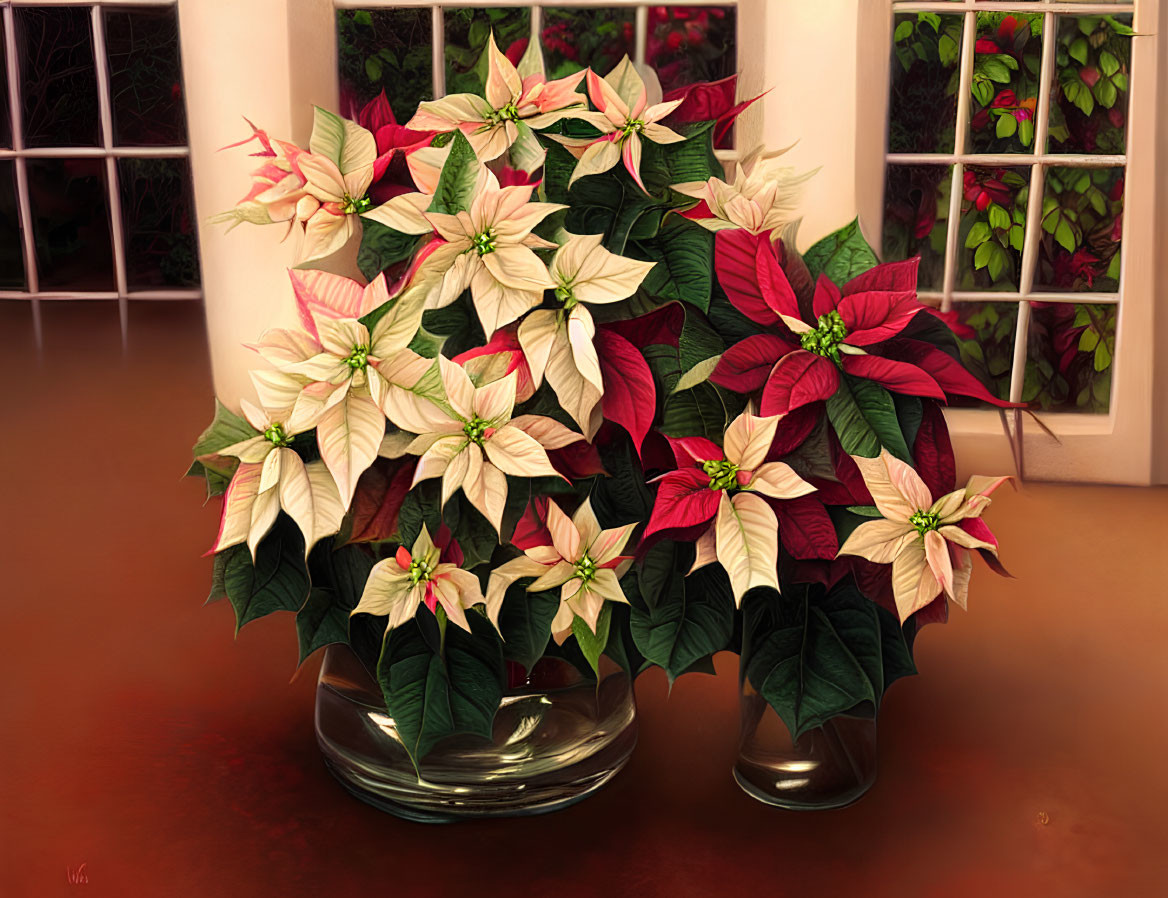 Red and White Poinsettias in Clear Vase Against Warm Room Interior