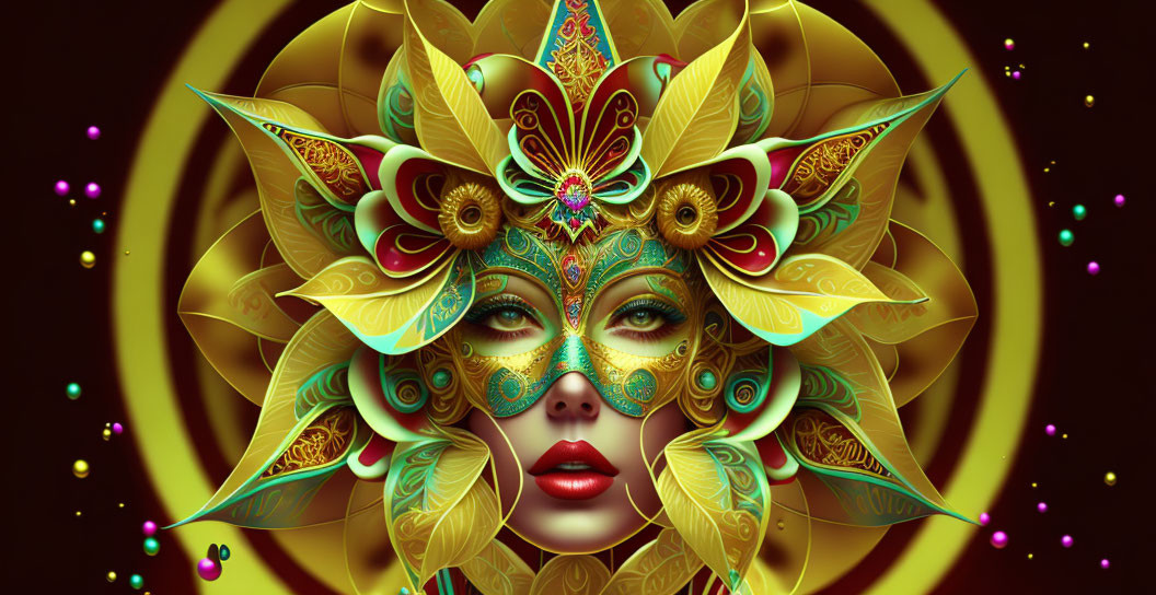 Symmetrical golden floral mask on woman in digital art