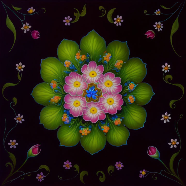 Colorful Floral Mandala with Symmetrical Pink, Yellow, and Green Patterns