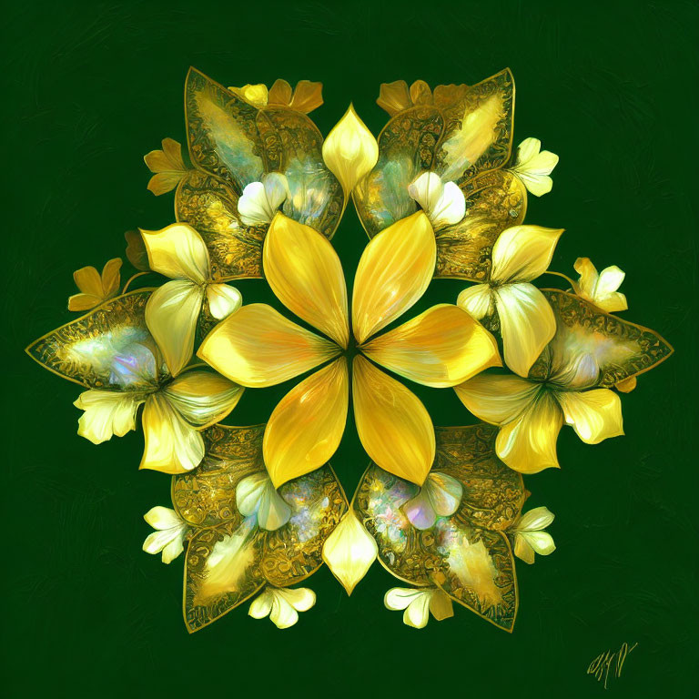 Yellow Petals and Ornate Leaves Mandala Design on Dark Green Background