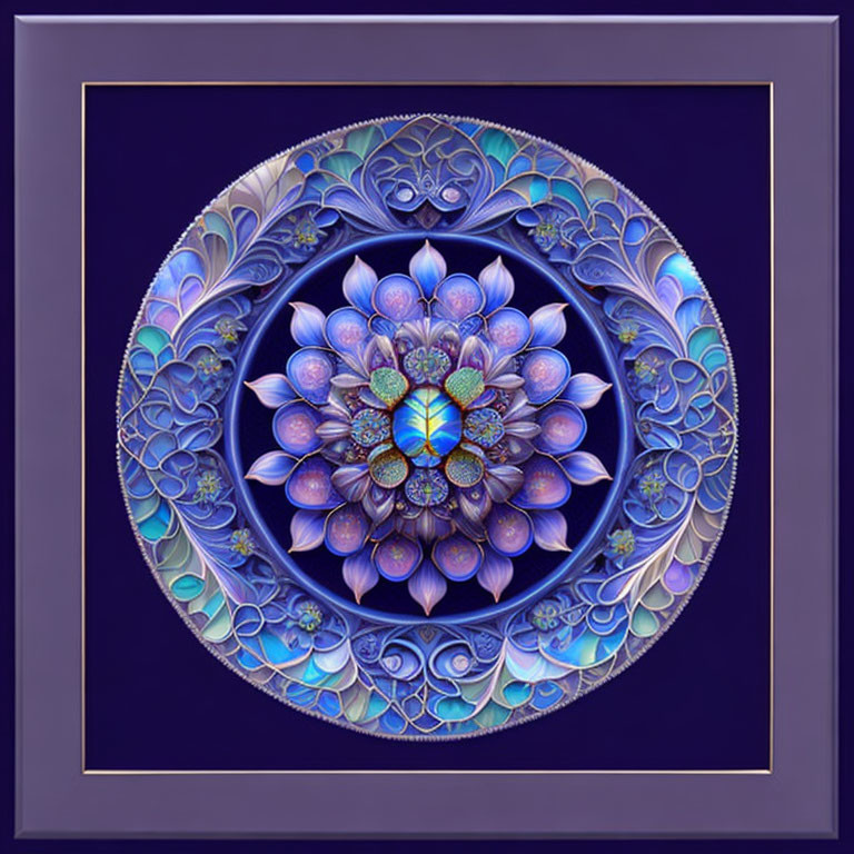 Symmetrical fractal lotus design in blue and purple on deep blue square frame