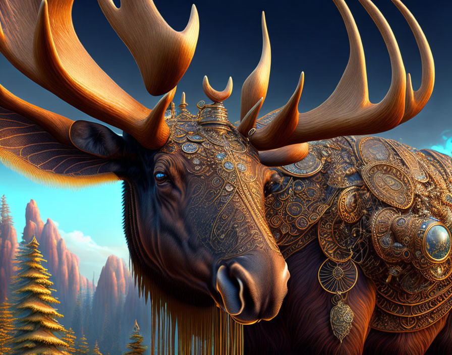 Detailed digital artwork: Ornate bull with metalwork, pine trees, cliffs, blue sky