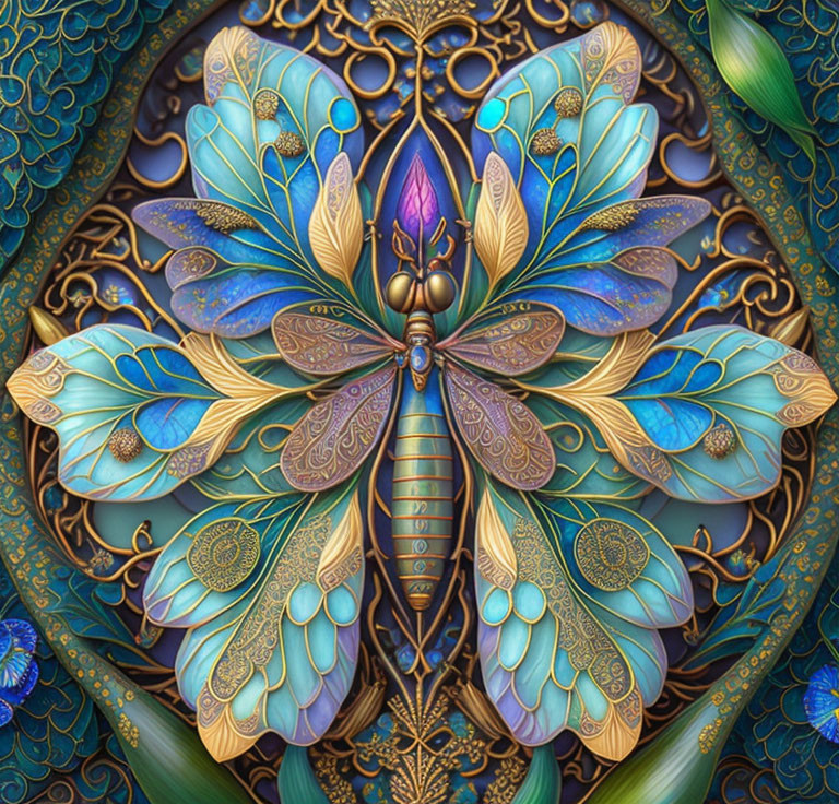 Symmetrical ornate butterfly with jewel tones on decorative background