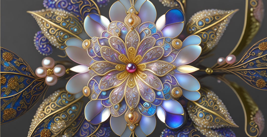 Detailed 3D digital lotus flower with jewel-toned petals and golden designs