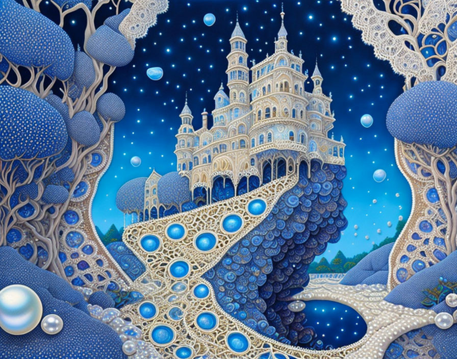 Whimsical castle in starry sky with coral-like structures