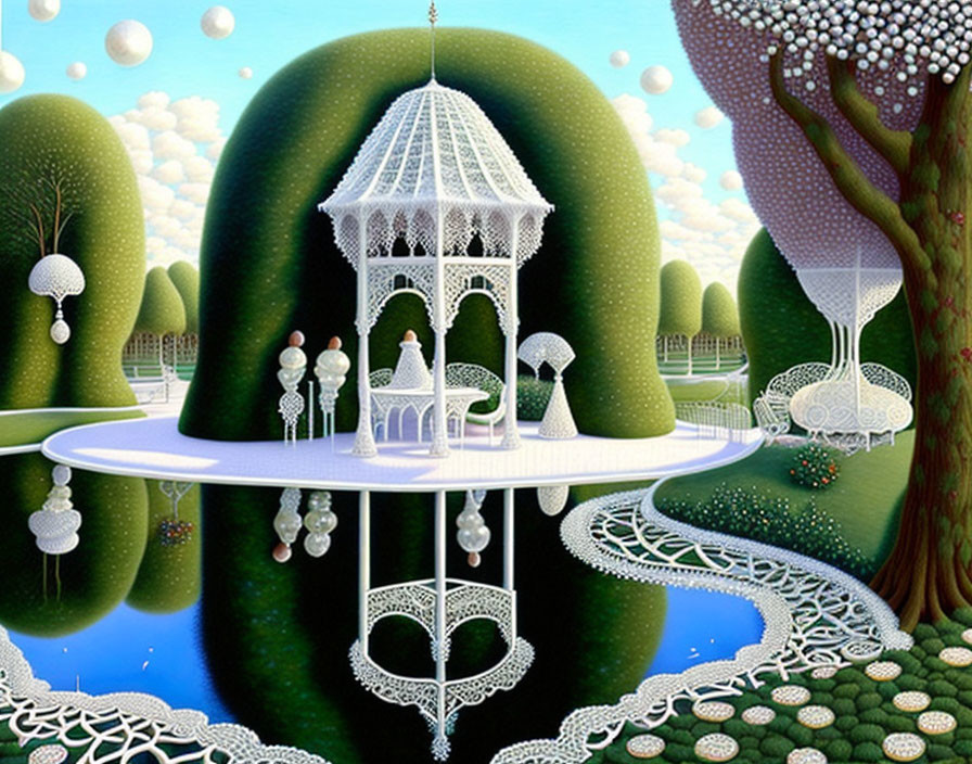 Surreal landscape painting with floating gazebo, mirror ponds, green hills, and stylized trees