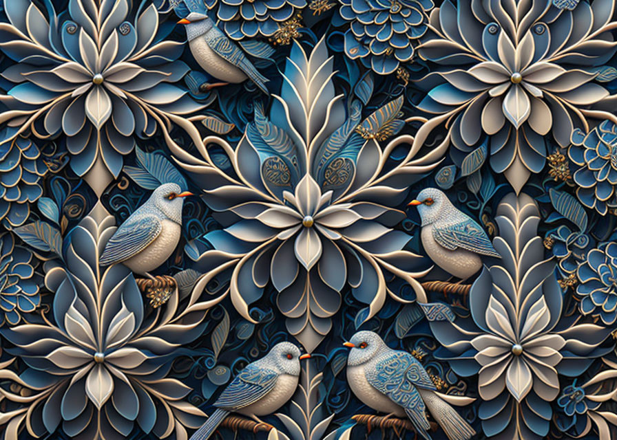 Detailed 3D Bird Illustration with Floral Pattern in Blue, White, and Gold