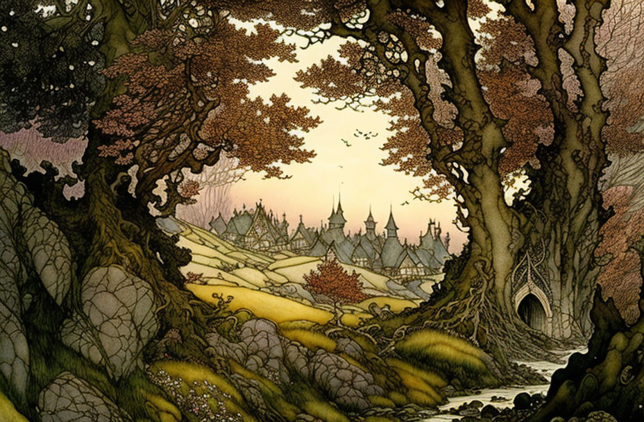 Detailed illustration: Enchanted forest with distant magical castle amid autumn foliage