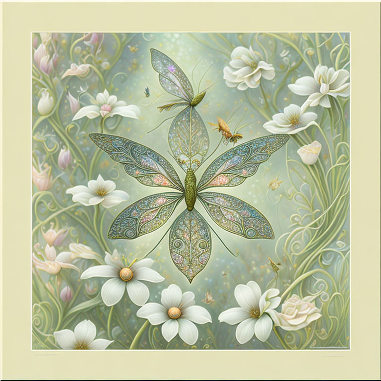 Detailed dragonfly and bee illustration with floral backdrop.