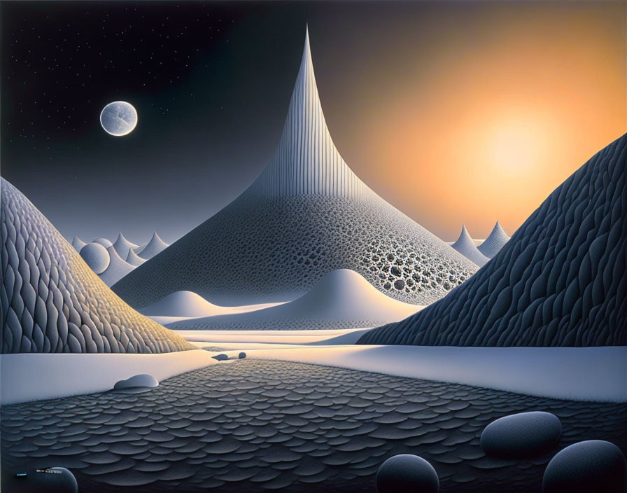 Stylized surreal landscape: sunset and moonlit sky contrast