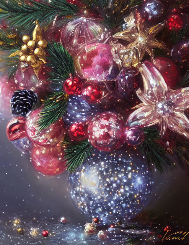 Colorful Christmas decorations: baubles, pine cones, berries, and pine branches, glowing with