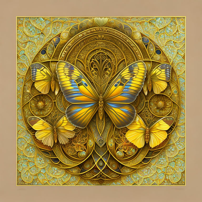 Symmetrical golden mandala design with butterflies on warm beige background