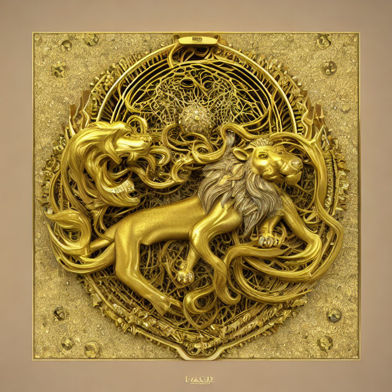 Intricate Golden Bas-Relief of Two Lions on Textured Background